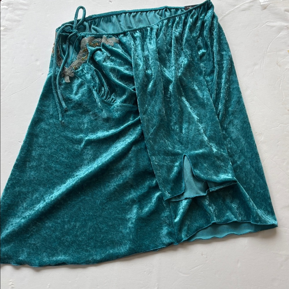 Vintage Y2K New Teal Velvet XL Fairy Peasant Blouse Top Beaded Embroidered - Picture 13 of 17